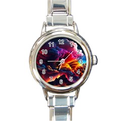 Ocean Sea Wave Clouds Mountain Colorful Sky Art Round Italian Charm Watch by Pakemis