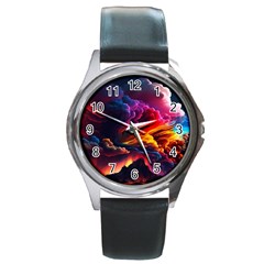 Ocean Sea Wave Clouds Mountain Colorful Sky Art Round Metal Watch by Pakemis