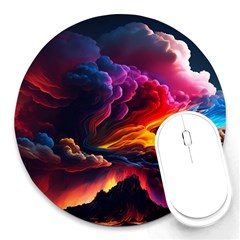 Ocean Sea Wave Clouds Mountain Colorful Sky Art Round Mousepad by Pakemis