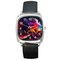 Ocean Sea Wave Clouds Mountain Colorful Sky Art Square Metal Watch by Pakemis