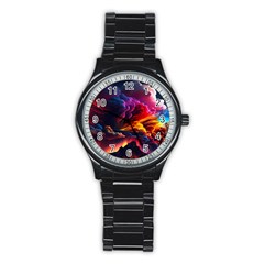 Ocean Sea Wave Clouds Mountain Colorful Sky Art Stainless Steel Round Watch by Pakemis