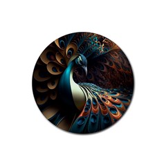 Peacock Bird Feathers Colorful Texture Abstract Rubber Round Coaster (4 Pack) by Pakemis