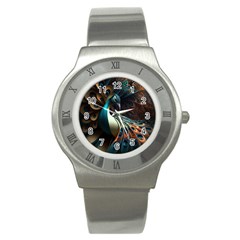 Peacock Bird Feathers Colorful Texture Abstract Stainless Steel Watch by Pakemis