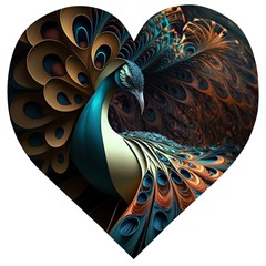 Peacock Bird Feathers Colorful Texture Abstract Wooden Puzzle Heart by Pakemis