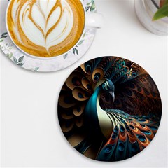 Peacock Bird Feathers Colorful Texture Abstract Uv Print Round Tile Coaster by Pakemis