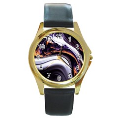 Marble Abstract Water Gold Dark Pink Purple Art Round Gold Metal Watch