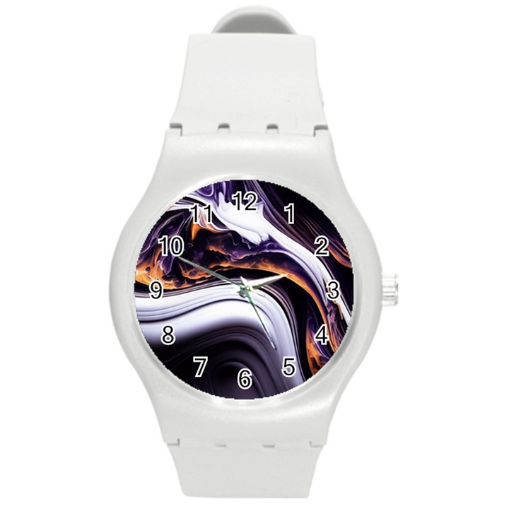 Marble Abstract Water Gold Dark Pink Purple Art Round Plastic Sport Watch (M)