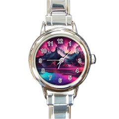 Ai Generated Mountain Ocean Lava Fire Sky Sea Round Italian Charm Watch by Pakemis