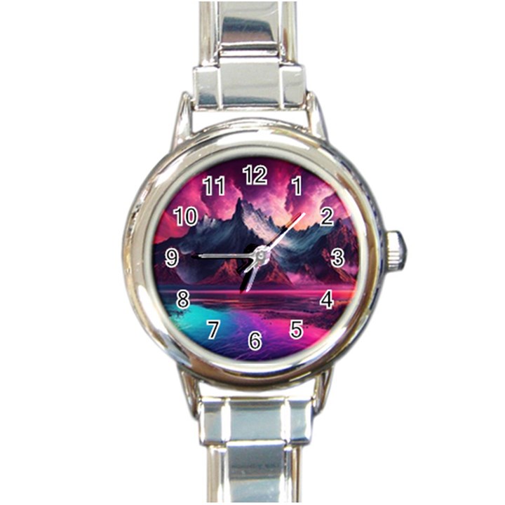 Ai Generated Mountain Ocean Lava Fire Sky Sea Round Italian Charm Watch