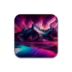 Ai Generated Mountain Ocean Lava Fire Sky Sea Rubber Square Coaster (4 Pack) by Pakemis