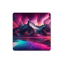 Ai Generated Mountain Ocean Lava Fire Sky Sea Square Magnet by Pakemis