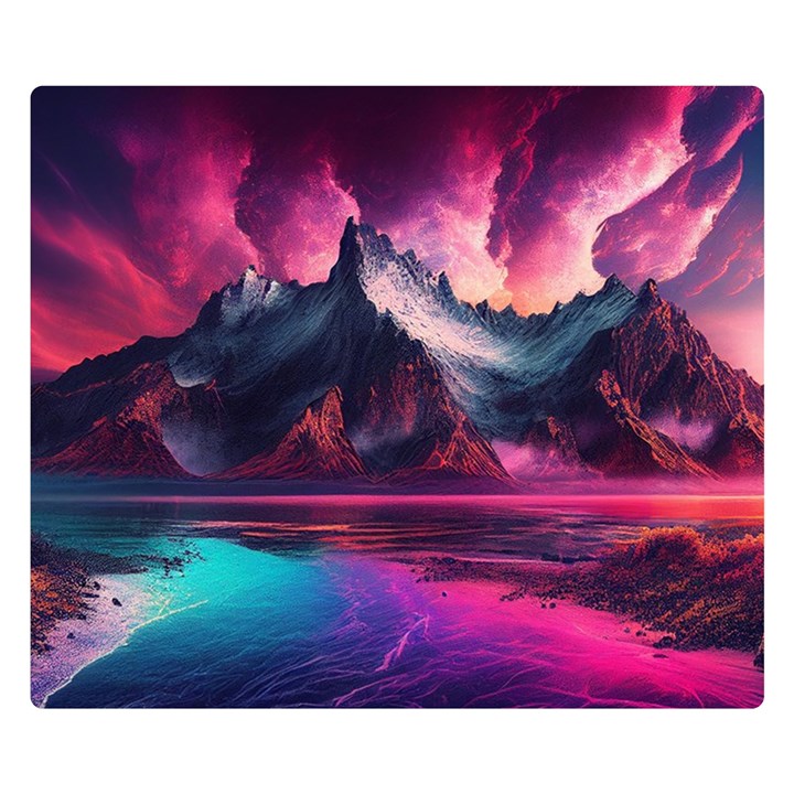 Ai Generated Mountain Ocean Lava Fire Sky Sea One Side Premium Plush Fleece Blanket (Small)