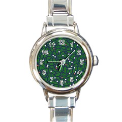 Leaves Flowers Green Background Nature Round Italian Charm Watch by Ravend