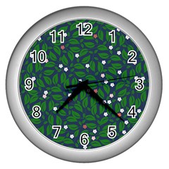 Leaves Flowers Green Background Nature Wall Clock (silver) by Ravend