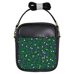 Leaves Flowers Green Background Nature Girls Sling Bag by Ravend