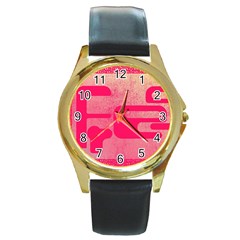 Pink Background Grunge Texture Round Gold Metal Watch by Ravend