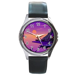 Sunset Sea Ocean Purple Pink Flowers Stone Round Metal Watch