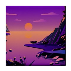 Sunset Sea Ocean Purple Pink Flowers Stone Tile Coaster