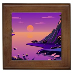 Sunset Sea Ocean Purple Pink Flowers Stone Framed Tile