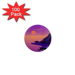 Sunset Sea Ocean Purple Pink Flowers Stone 1  Mini Magnets (100 Pack) 