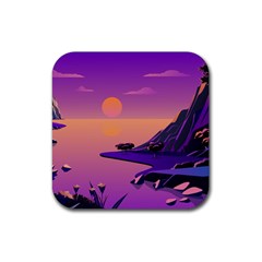 Sunset Sea Ocean Purple Pink Flowers Stone Rubber Coaster (square)