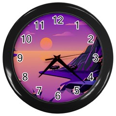 Sunset Sea Ocean Purple Pink Flowers Stone Wall Clock (black) by Jancukart