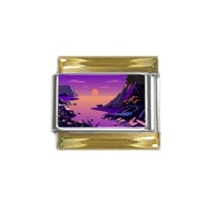 Sunset Sea Ocean Purple Pink Flowers Stone Gold Trim Italian Charm (9mm) by Jancukart