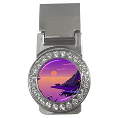 Sunset Sea Ocean Purple Pink Flowers Stone Money Clips (cz) 