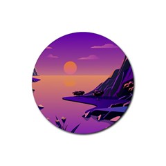 Sunset Sea Ocean Purple Pink Flowers Stone Rubber Coaster (round) by Jancukart