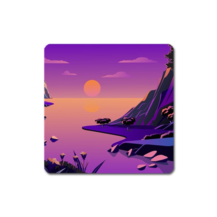 Sunset Sea Ocean Purple Pink Flowers Stone Square Magnet