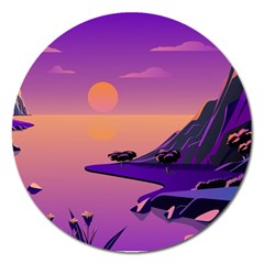 Sunset Sea Ocean Purple Pink Flowers Stone Magnet 5  (round) by Jancukart