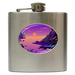 Sunset Sea Ocean Purple Pink Flowers Stone Hip Flask (6 Oz)