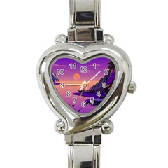 Sunset Sea Ocean Purple Pink Flowers Stone Heart Italian Charm Watch