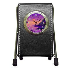 Sunset Sea Ocean Purple Pink Flowers Stone Pen Holder Desk Clock