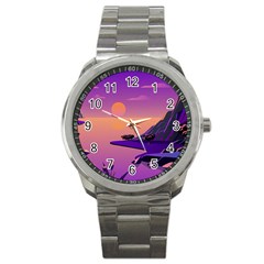 Sunset Sea Ocean Purple Pink Flowers Stone Sport Metal Watch