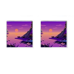 Sunset Sea Ocean Purple Pink Flowers Stone Cufflinks (square)