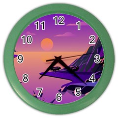 Sunset Sea Ocean Purple Pink Flowers Stone Color Wall Clock