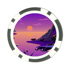 Sunset Sea Ocean Purple Pink Flowers Stone Poker Chip Card Guard by Jancukart