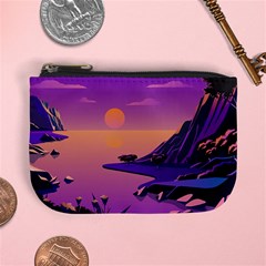 Sunset Sea Ocean Purple Pink Flowers Stone Mini Coin Purse