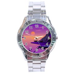 Sunset Sea Ocean Purple Pink Flowers Stone Stainless Steel Analogue Watch