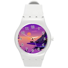 Sunset Sea Ocean Purple Pink Flowers Stone Round Plastic Sport Watch (m) by Jancukart