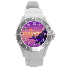 Sunset Sea Ocean Purple Pink Flowers Stone Round Plastic Sport Watch (l)