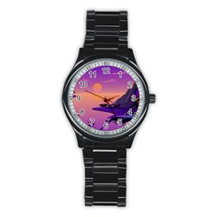 Sunset Sea Ocean Purple Pink Flowers Stone Stainless Steel Round Watch