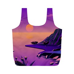 Sunset Sea Ocean Purple Pink Flowers Stone Full Print Recycle Bag (m)