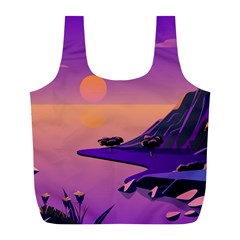 Sunset Sea Ocean Purple Pink Flowers Stone Full Print Recycle Bag (l)