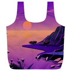 Sunset Sea Ocean Purple Pink Flowers Stone Full Print Recycle Bag (xl)