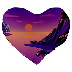 Sunset Sea Ocean Purple Pink Flowers Stone Large 19  Premium Flano Heart Shape Cushions