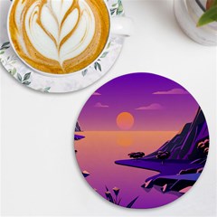 Sunset Sea Ocean Purple Pink Flowers Stone Uv Print Round Tile Coaster by Jancukart