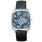 Flowers Design Floral Pattern Stems Plants Square Metal Watch Front