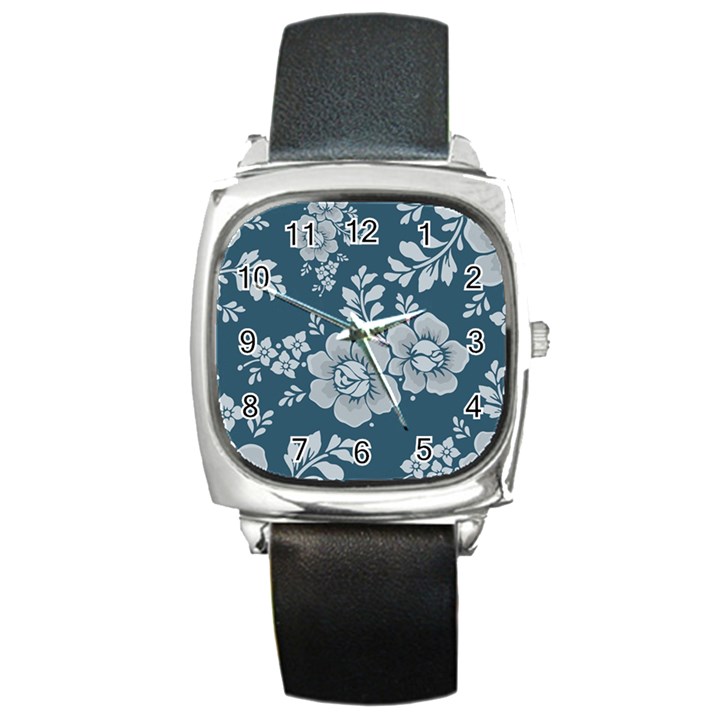 Flowers Design Floral Pattern Stems Plants Square Metal Watch